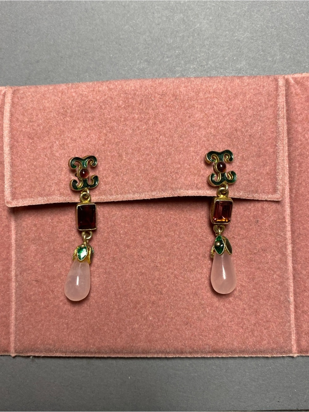 Vintage garnet rose quartz enamel gold sterling dangle earrings